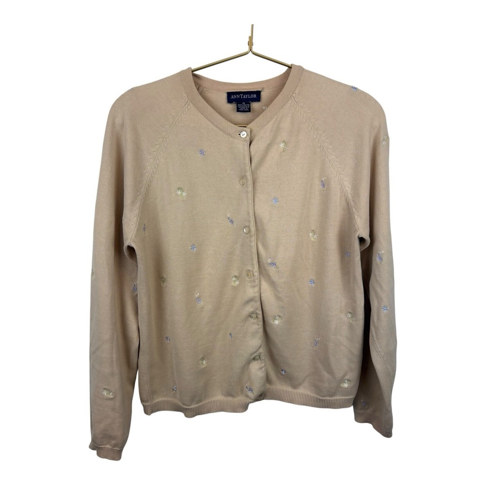 Ann Taylor Vintage 90's Tan Floral Embroidered Cardigan Size M 100% Cottonβ
